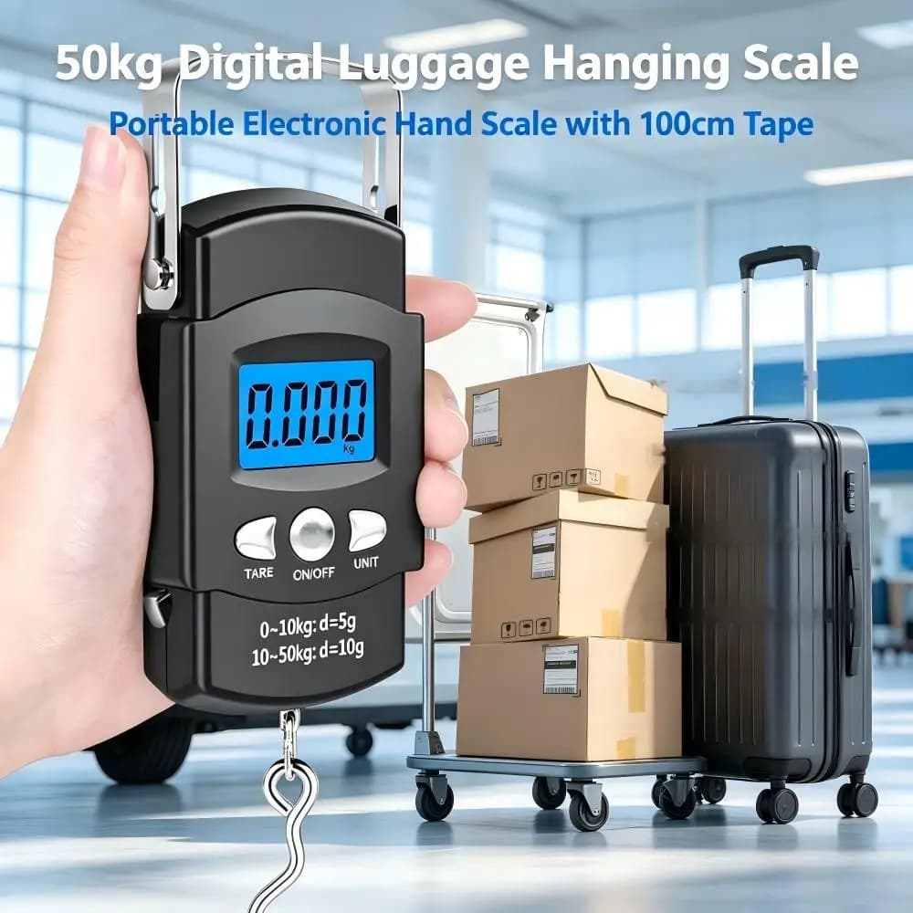 50kg Portable Digital Hanging Luggage Scale with Built-in 1m Tape Measure, Multi-Unit Tare Function for Travel & Fishing