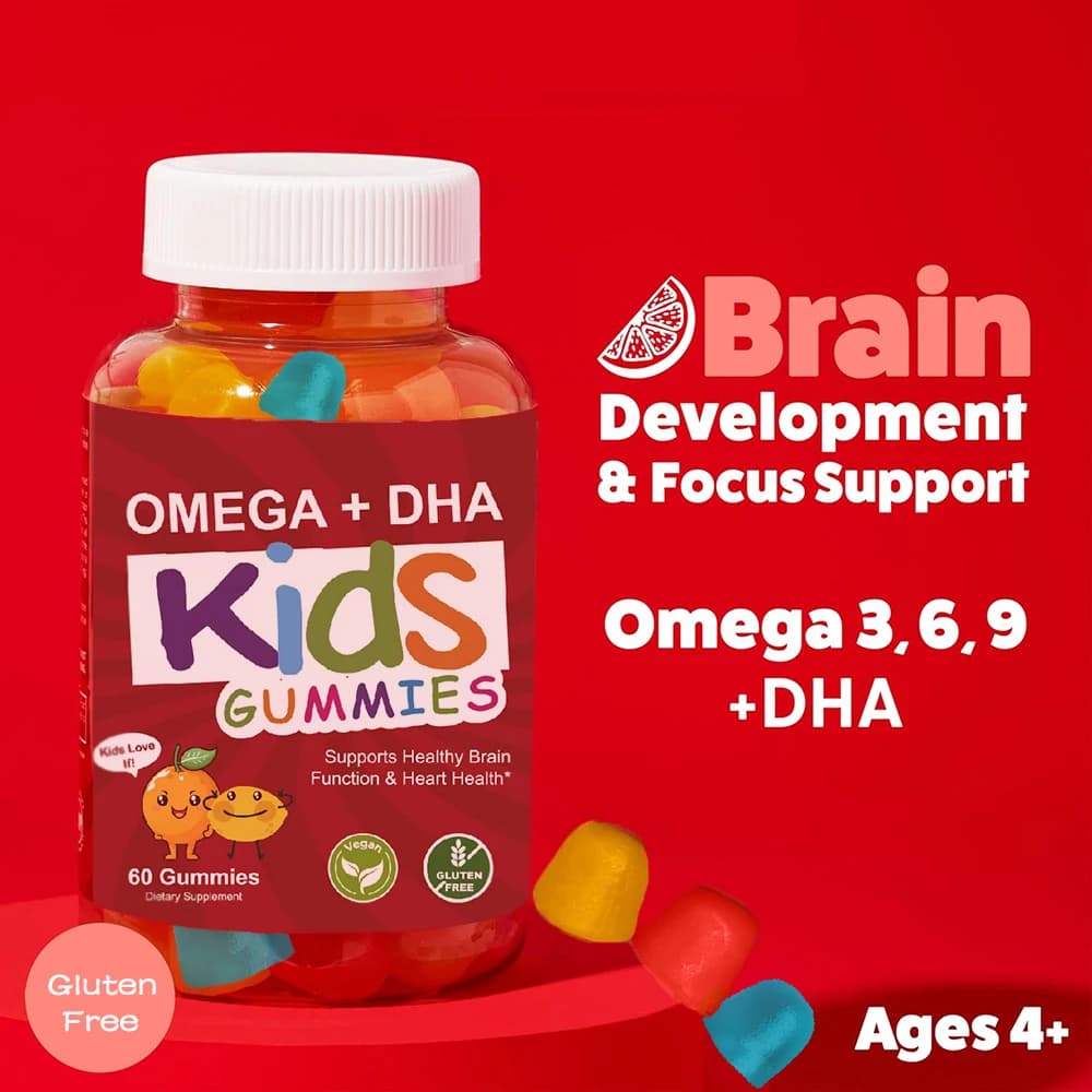 OMEGA + DHA Caramelle Gommose per Bambini, con Omega 3 6 9 + DHA, Vitamina C - Funzione Cervello Sano, Salute Visione e Cuore, Vegetariano