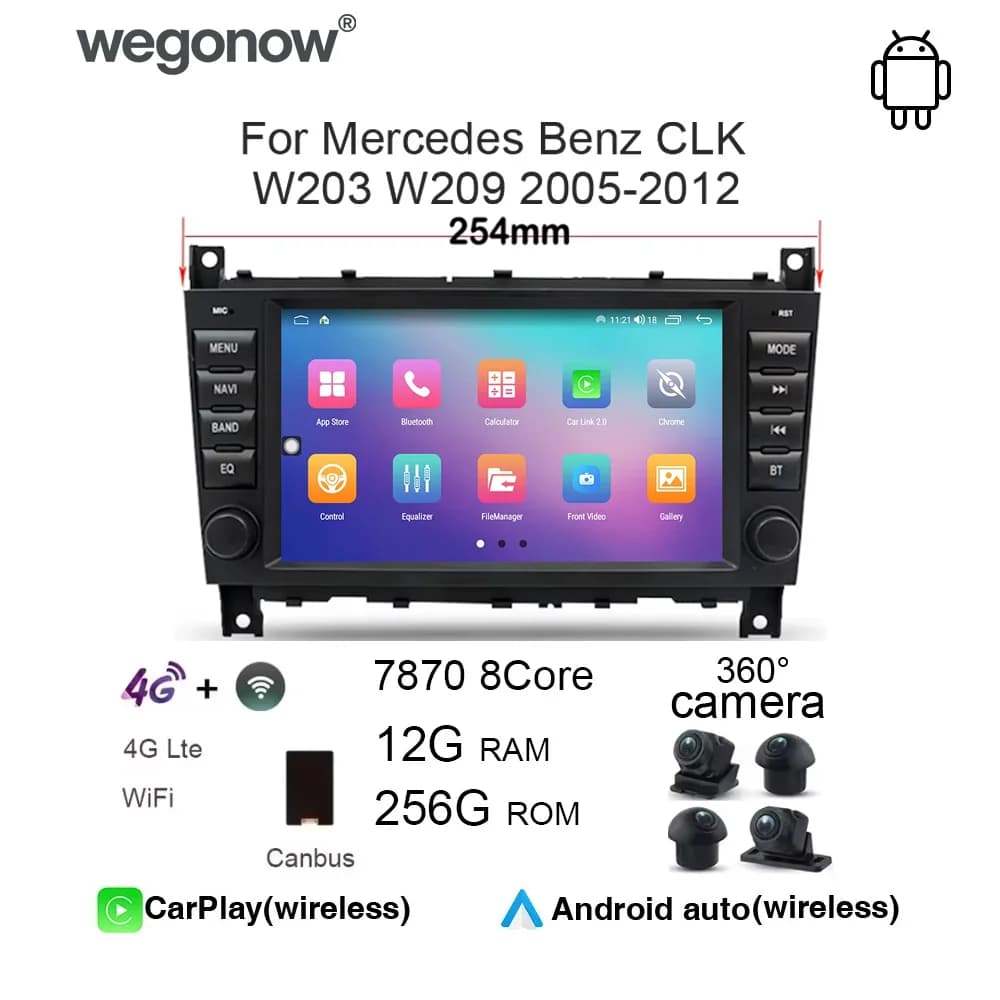 Lettore DVD per Auto con Carplay, Android 14.0, Schermo IPS 254mm, GPS, WIFI, BT, Radio RDS per Benz CLK W203 W209 2005-2012, Lettore Multimediale