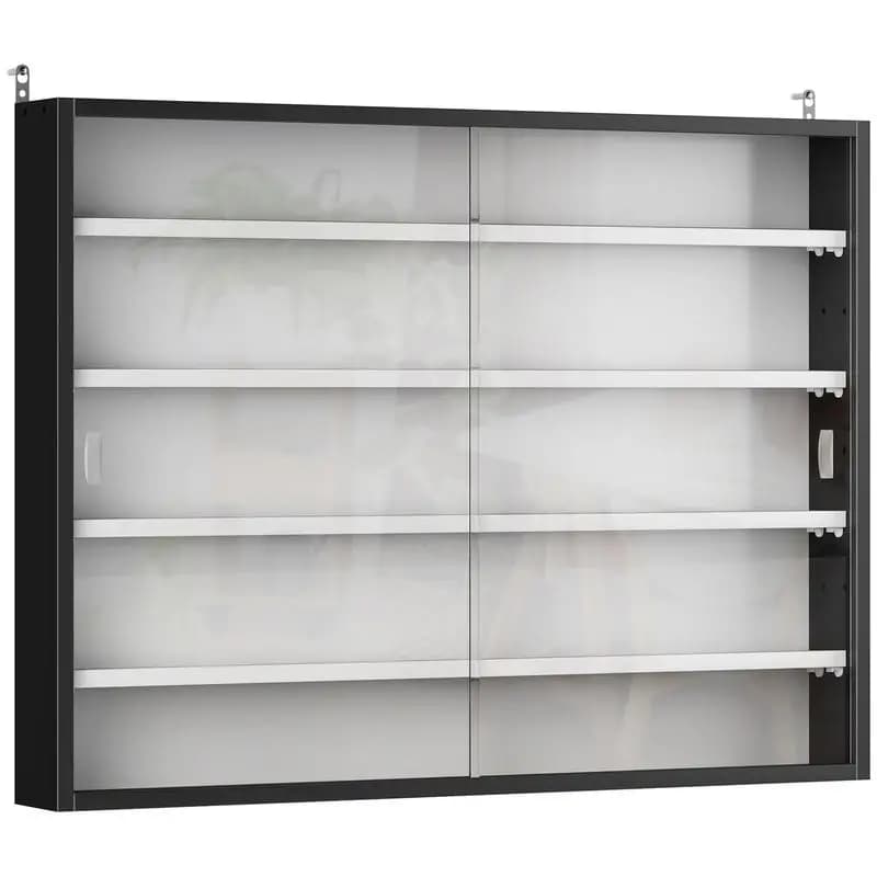 Wall-mounted display case for collectibles, 5 height-adjustable shelves and 2 glass sliding doors, 80 x 9.5 x 60 cm, black