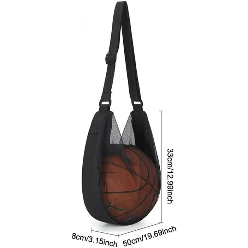 Borsa a rete antistrappo per singola palla, adatta per palloni da basket, calcio e pallavolo di misura 7, con cinghie regolabili e cerniera, da trasportare a tracolla.