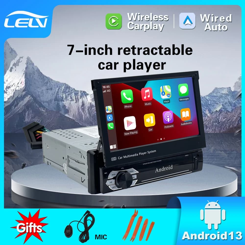 LELV 7 pollici Android 13 autoradio retrattile lettore MP4 autoradio con collegamento specchio di navigazione GPS 4G BT Wifi