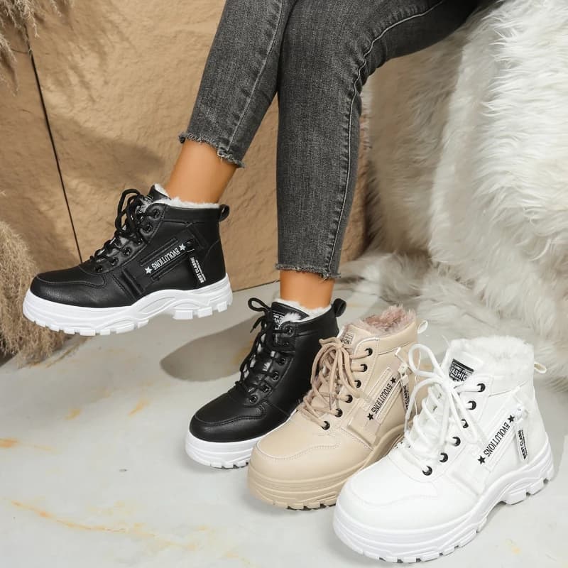 Stivali da neve invernali da donna, caldi, foderati in peluche, con lacci, plateau spesso, stivaletti con cerniera laterale, scarpe da passeggio per esterni da donna