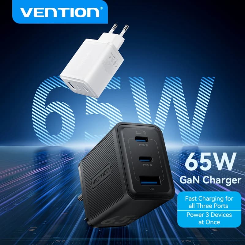 Caricabatterie Vention 65W GaN con Ricarica Rapida 4.0 3.0 Tipo C PD USB per iPhone 17 16 15 Pro Max, Caricatore Veloce per Laptop con Ricarica PD