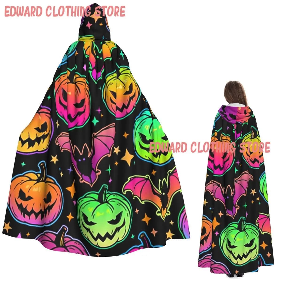 Pumpkins Mushrooms And Frogs Long Hooded Cloak Witch Medieval Costume Cosplay Cape HalloweenParty Adult Unisex