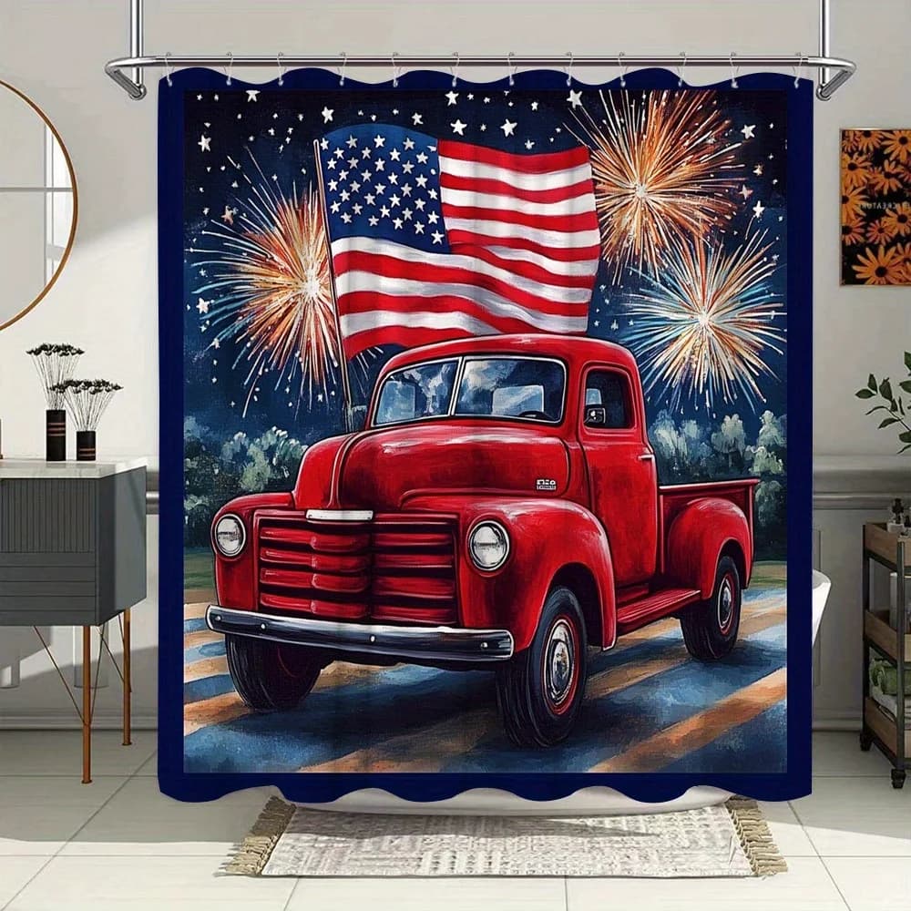 Tenda da doccia per camion patriottico - Pickup vibrante, cromo rosso, bandiera americana, classica americana, poliestere resistente all'acqua