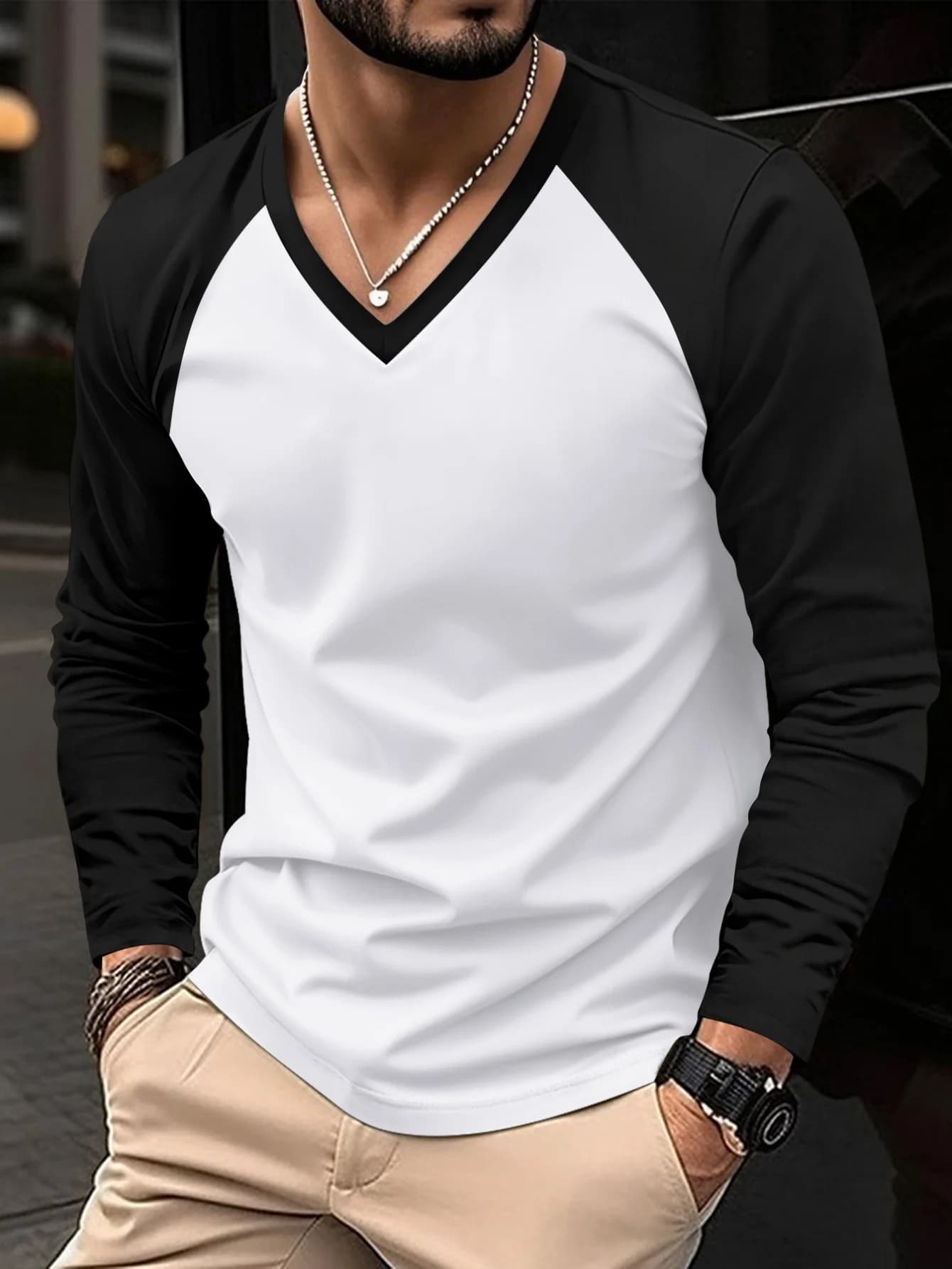 Nuovo stile primavera autunno semplice sport all'aria aperta moda trendy versatile color block scollo a V manica lunga top da uomo