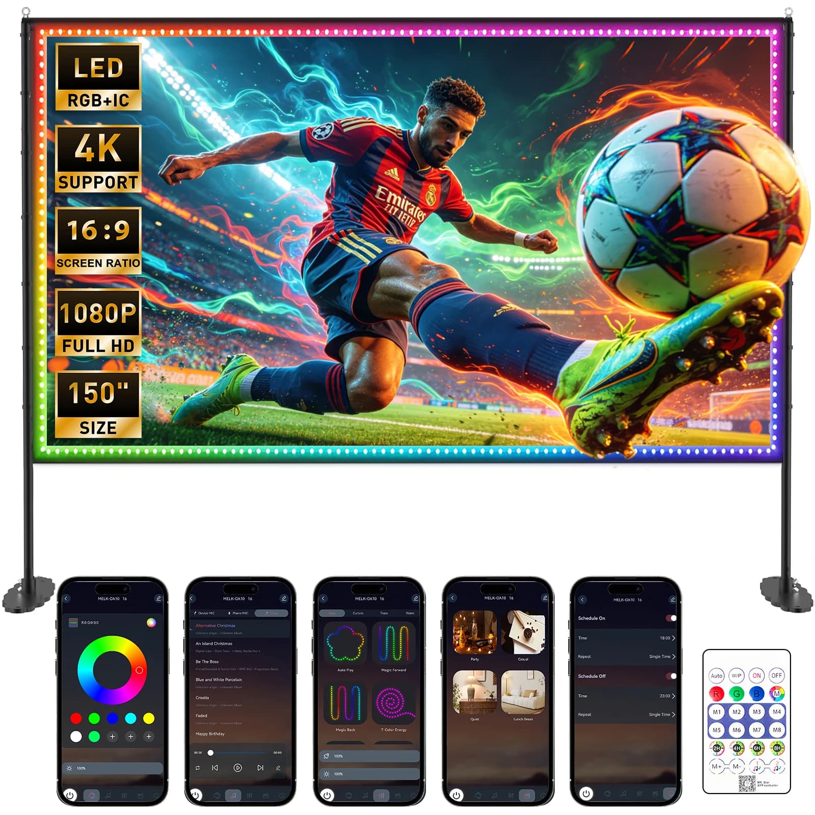 LED Projector Screen with Stand for Sports Events & Football Match, 150 inch 16:9 4K HD Portable Outdoor Movie Screen, Wrinkle-Free Foldable Indoor Projection Screen with Carry Bag & Ground Nails for Backyard Cinema Home Theater