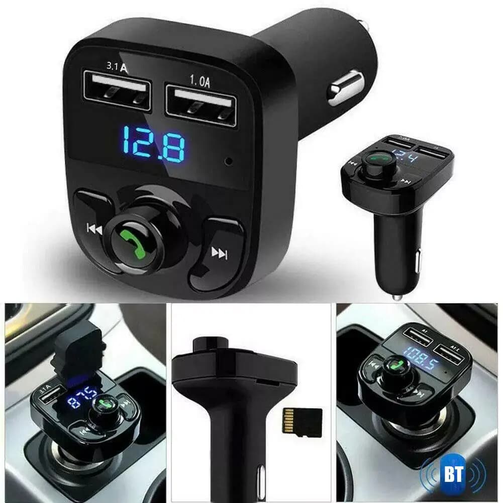 Caricatore per Auto con Trasmettitore FM Bluetooth, Chiamate in Vivavoce, Ricevitore Radio, Adattatore Stereo MP3, Doppia Porta USB per Ricarica