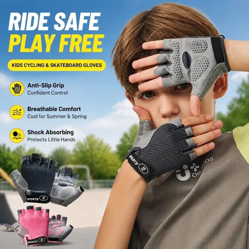 Kids Cycling Skateboard Gloves Anti-Slip Breathable Half-Finger Shock-Absorbing for Children Ages 4-12 Summer Spring
