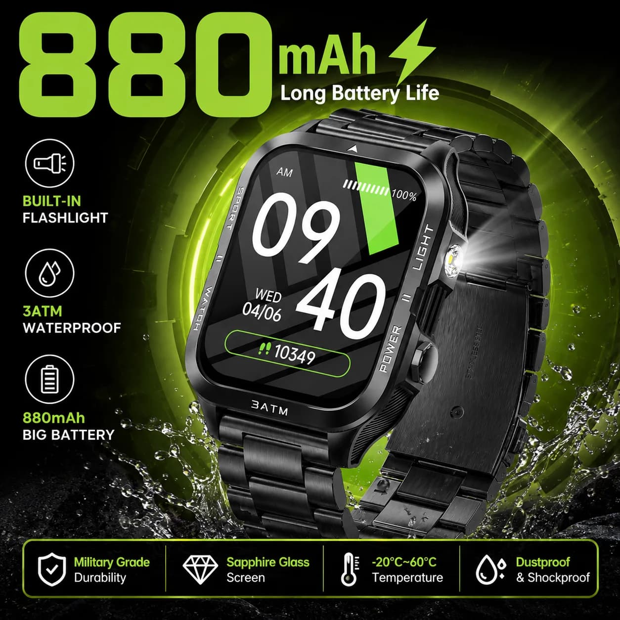 2026 New Military Smart Watch 880mAh Battery 3ATM Waterproof Flashlight Heart Rate Monitor Sport Tracker Smartwatch For Men Gift
