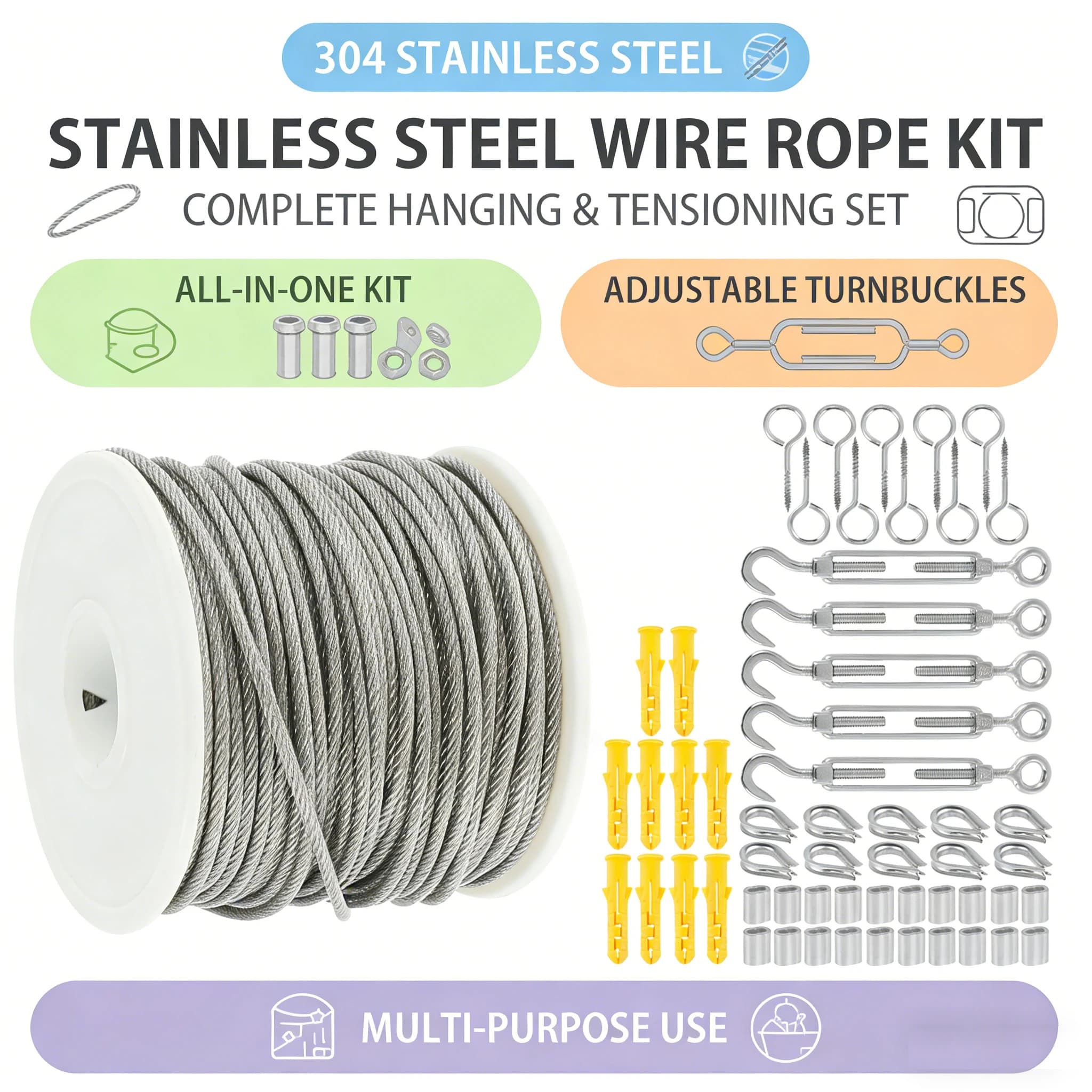 Stainless Steel Cable Kit 15/30m, Garden Resistant Metallic Wire, Balcony railing, Agricultural Fence, Tent, Roll 304 PVC Coating