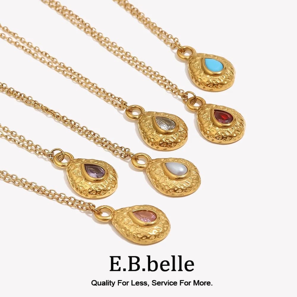 E.B.belle 12 Month Hammered Teardrop Pendant Necklace 18K Gold Plated Stainless Steel Chain Fashion Colorful CZ Women Jewelry