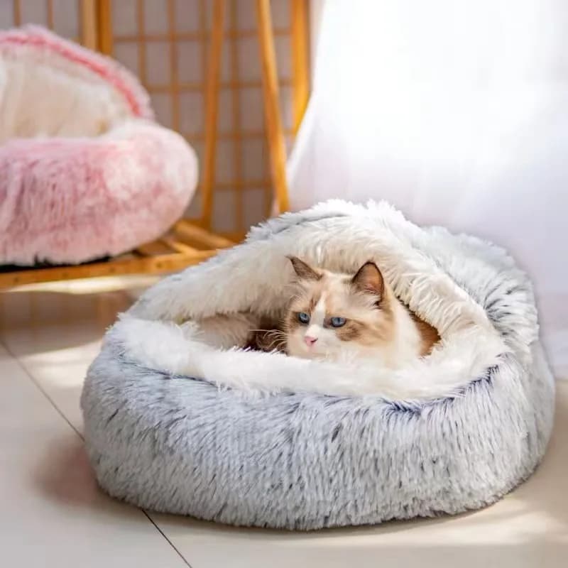 Winter long plush Pet Cat Bed Round Cat Cushion House Warm Cat Basket Cat Sleep Bag Cat Nest Kennel 2 In 1 for small dogs Cat