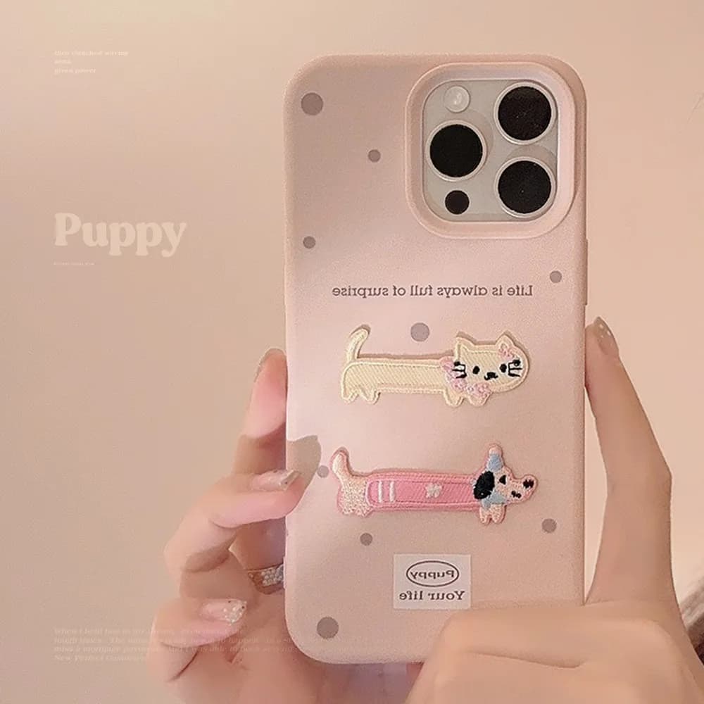 Pink Cute 3D Embroidery Cartoon Cat Puppy Phone Case For iPhone 16PRO/15 PROMAX Girl's Silicone Mobile Phone Case For iPhone12