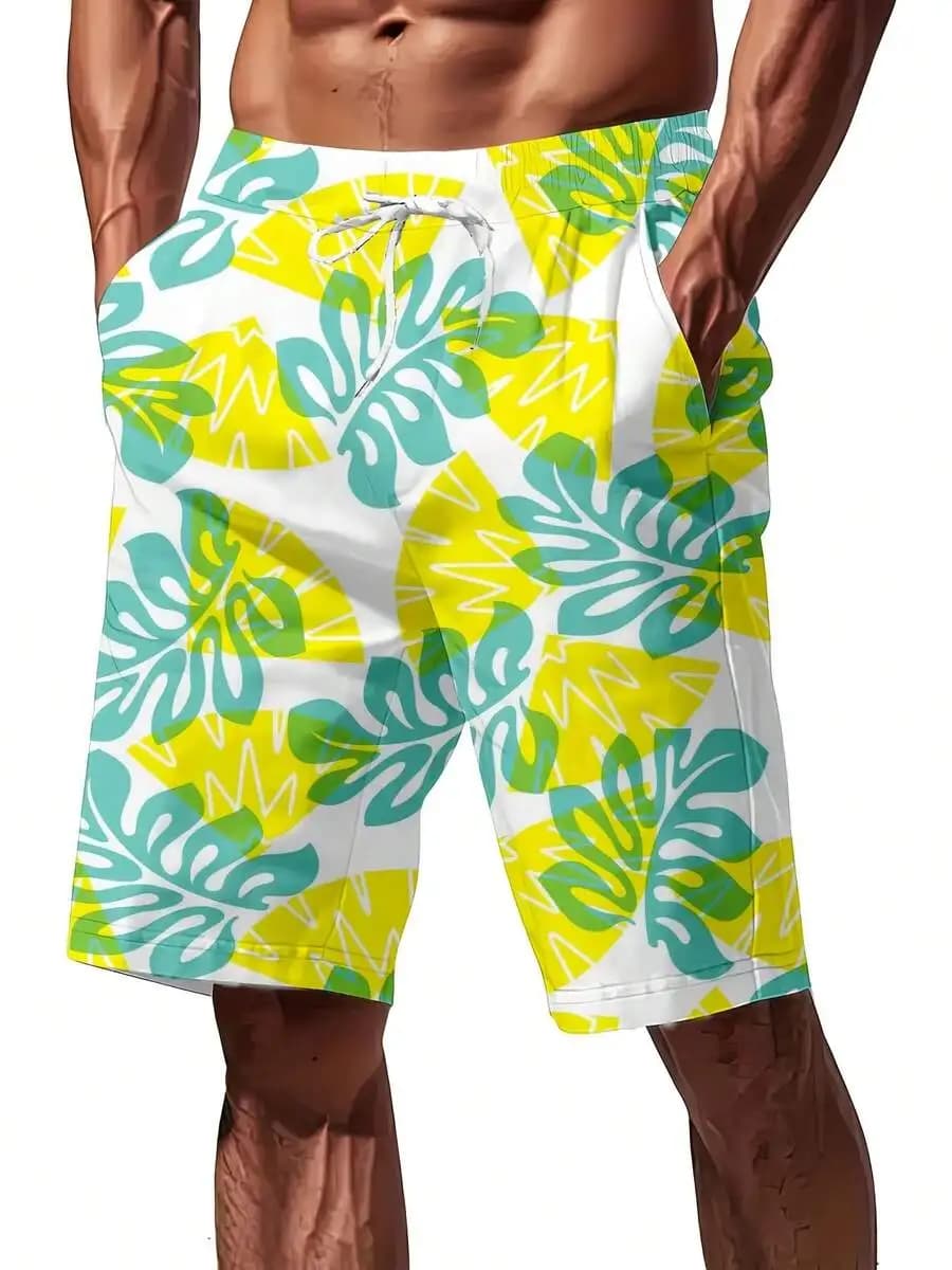 Mens Tropical Leaf Print Swim Trunks Casual Beach Shorts For Outdoor Vacation