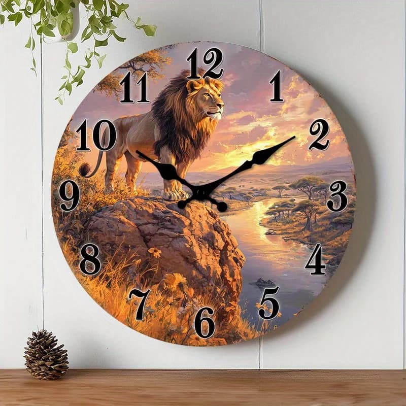1pc Silent Non-Ticking Wooden Wall Clock - African Savanna Lion Sunset Design, Decorative Round Clock for Bedroom, Living Room, Entryway, 10"/12"/14"/16" (AA Battery Not Included), Small Wall Clock for Living Room, Entryway Decor