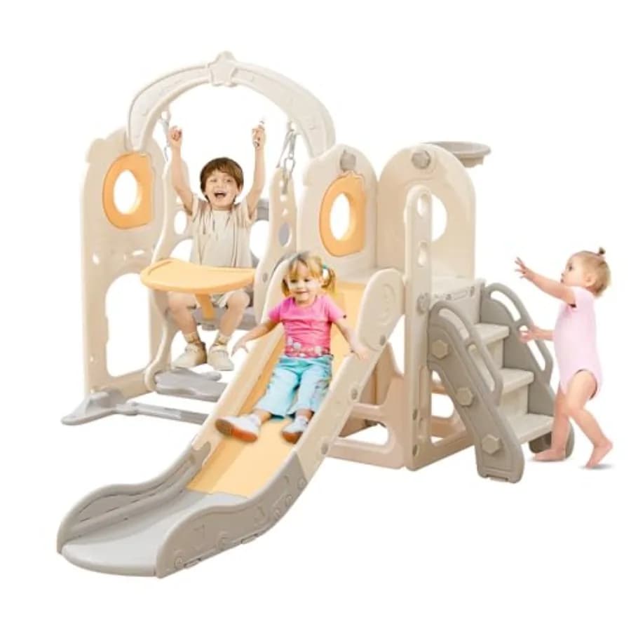Scivolo Autoportante per Bambini con Set Altalena 6 in 1, Struttura da Arrampicata per Interni per Bambini 1-3 Anni, Scivolo a L con Canestro da Basket, Scivolo per Neonati