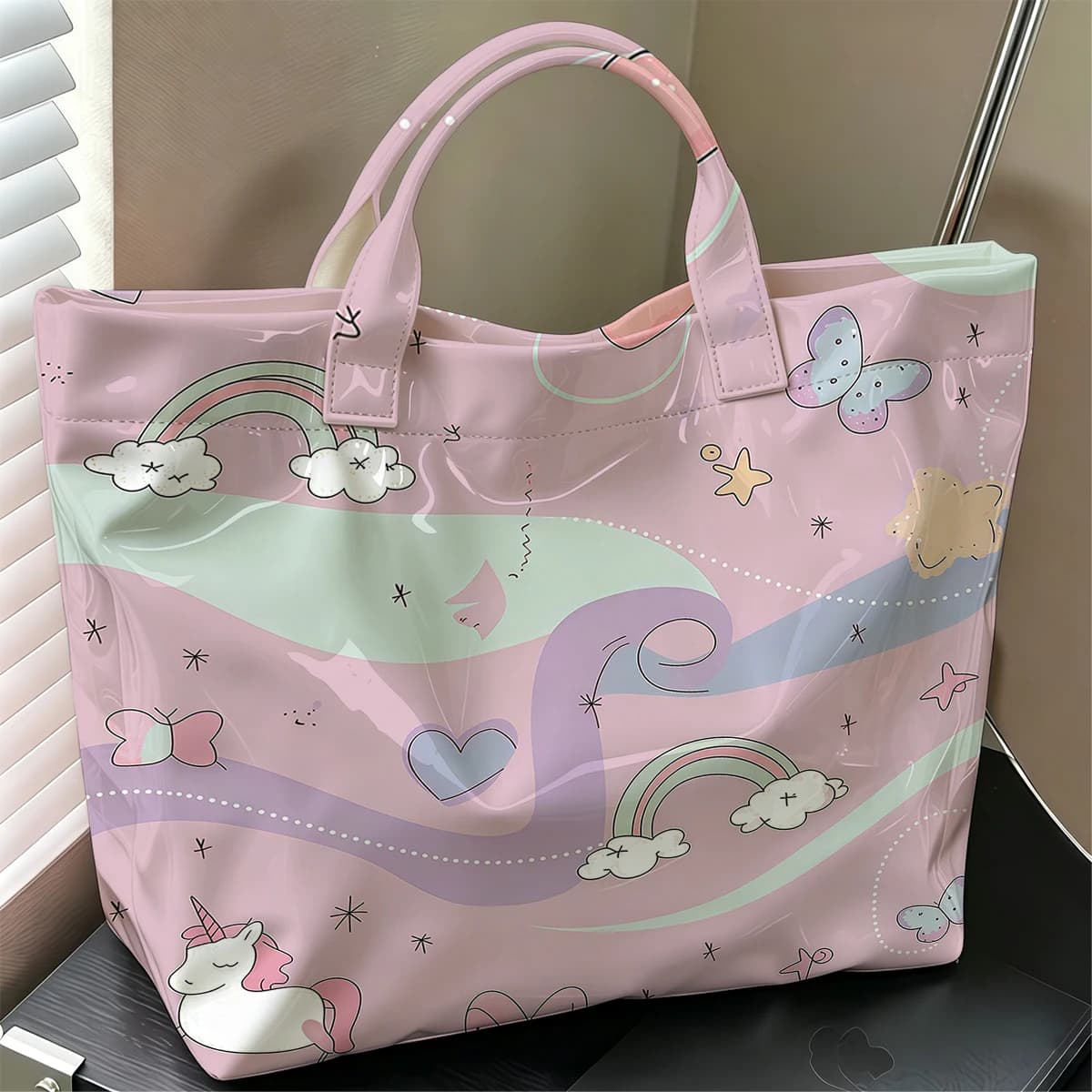Pink Unicorn Stylish Large Glossy PVC Tote Bag Washable Waterproof Durable Ideal for Travel Commute Cosmetics Books Handbags