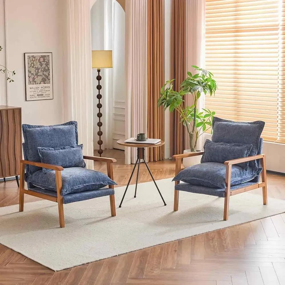 Set of 2 modern Mid-Century Cloud chairs, thick pillow, wooden armrests, Boho style, blue grey for reading
