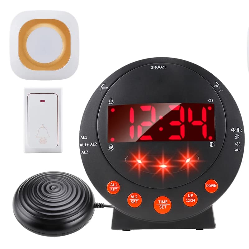 Sveglia Digitale con Altoparlante, Luce LED Lampeggiante e Anello Vibrante, Sistema di Allarme per Ipoudenti e Persone con Sonno Pesante