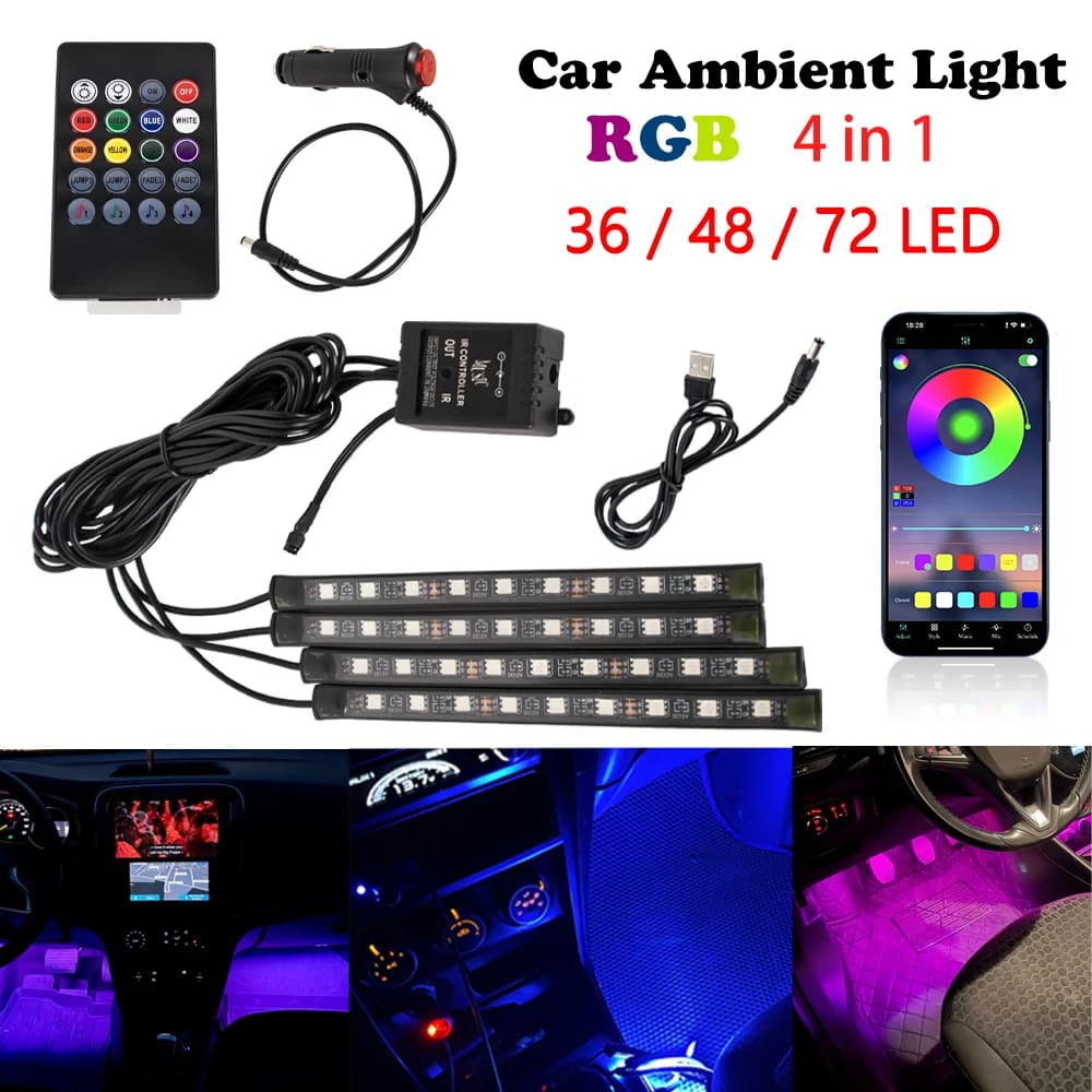 Interni auto Neon LED Luce decorativa Musica remota Controllo APP Lampada atmosfera Auto Piede Striscia Decorazione Luci di retroilluminazione