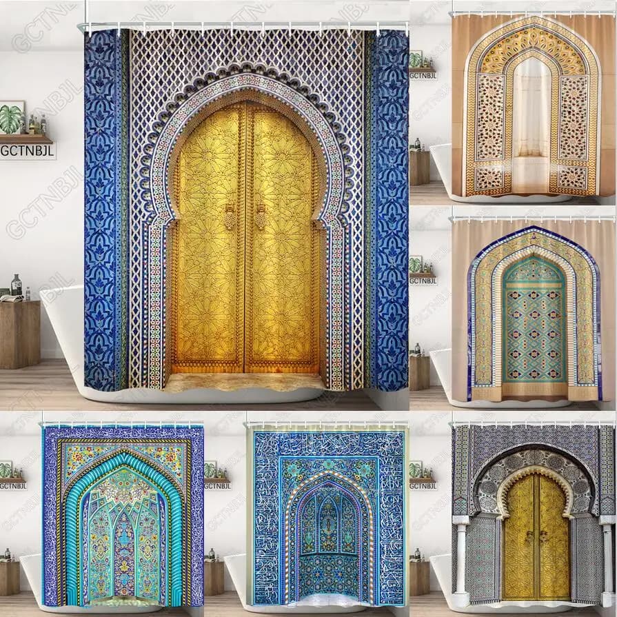 Porte ad arco antiche gialle marocchine tende da doccia vecchie tende da bagno in tessuto impermeabile per bagno con porta in legno Vintage con ganci