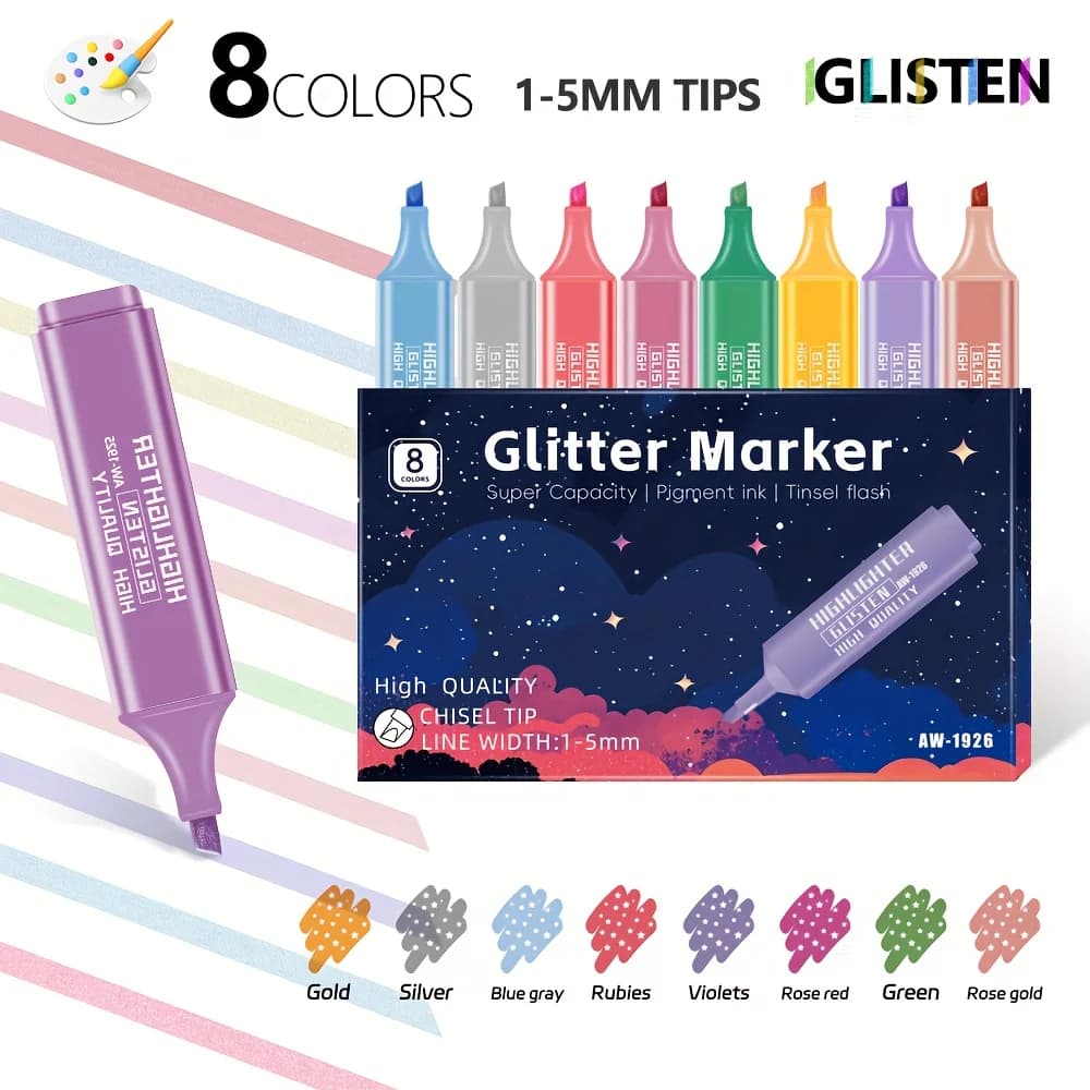 Set di 8 Evidenziatori Metallici Glitterati, Penne Fluorescenti Scintillanti, Asciugatura Rapida e Anti-Sbavatura, Articoli di Cancelleria A3248