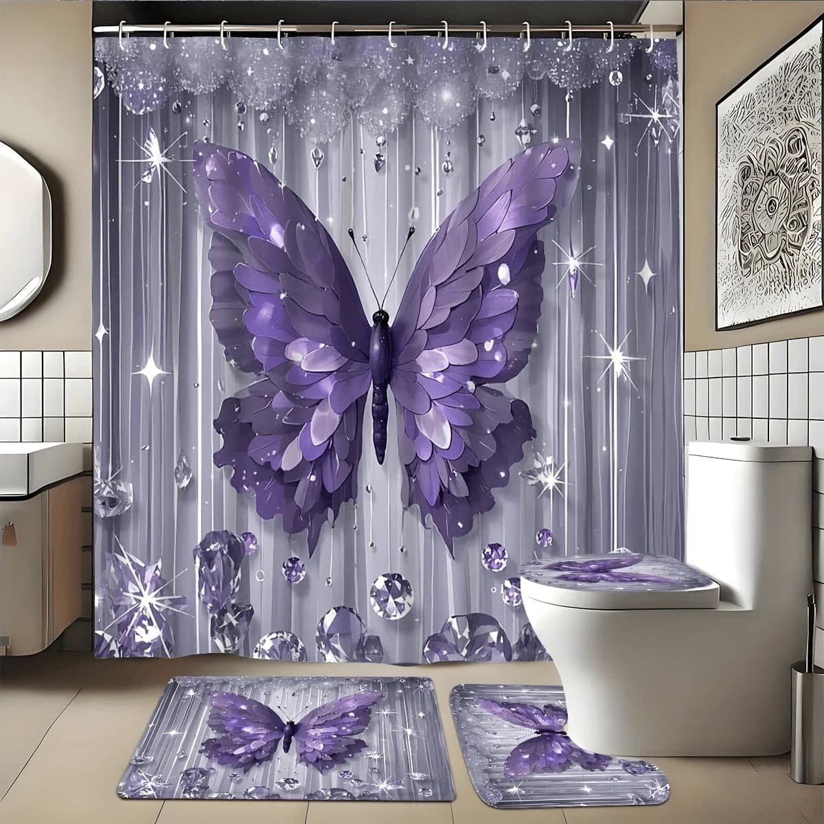 4pcs Set - Fashion Diamond Purple Butterfly Shower Curtain Set, Bathroom Decoration And Additions, Including Non-Slip Bathroom, U-Shaped, Toilet Seat Cover, 70.9 X 70.9In Shower Curtain Cord with 12 Hooks, Exquisite Housewarming Gift