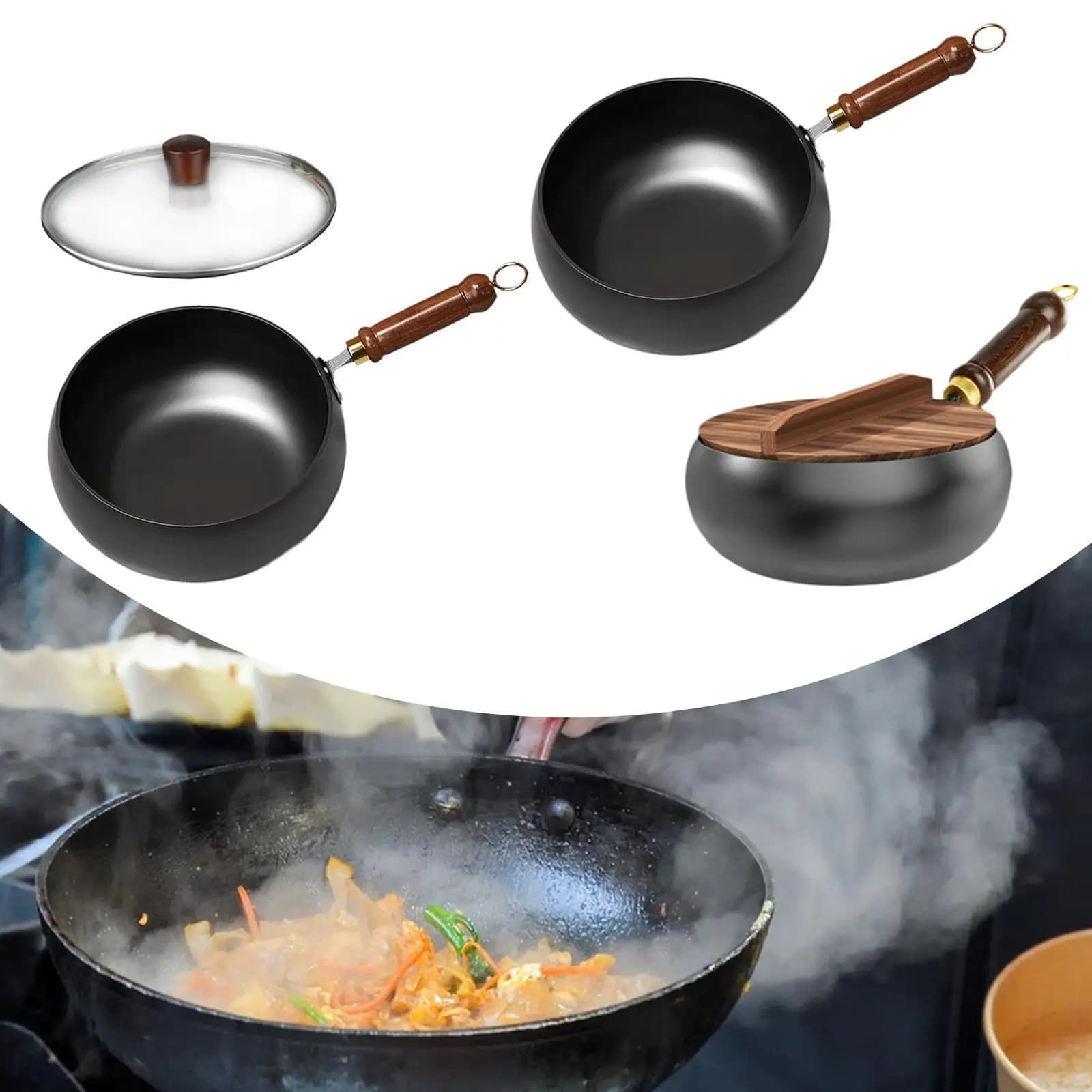 Wok in ferro da 9,45 pollici con manico in legno bollente a gas con gancio per appendere Wok per friggere Wok cinese per cucina da campeggio Ristorante Hotel Casa