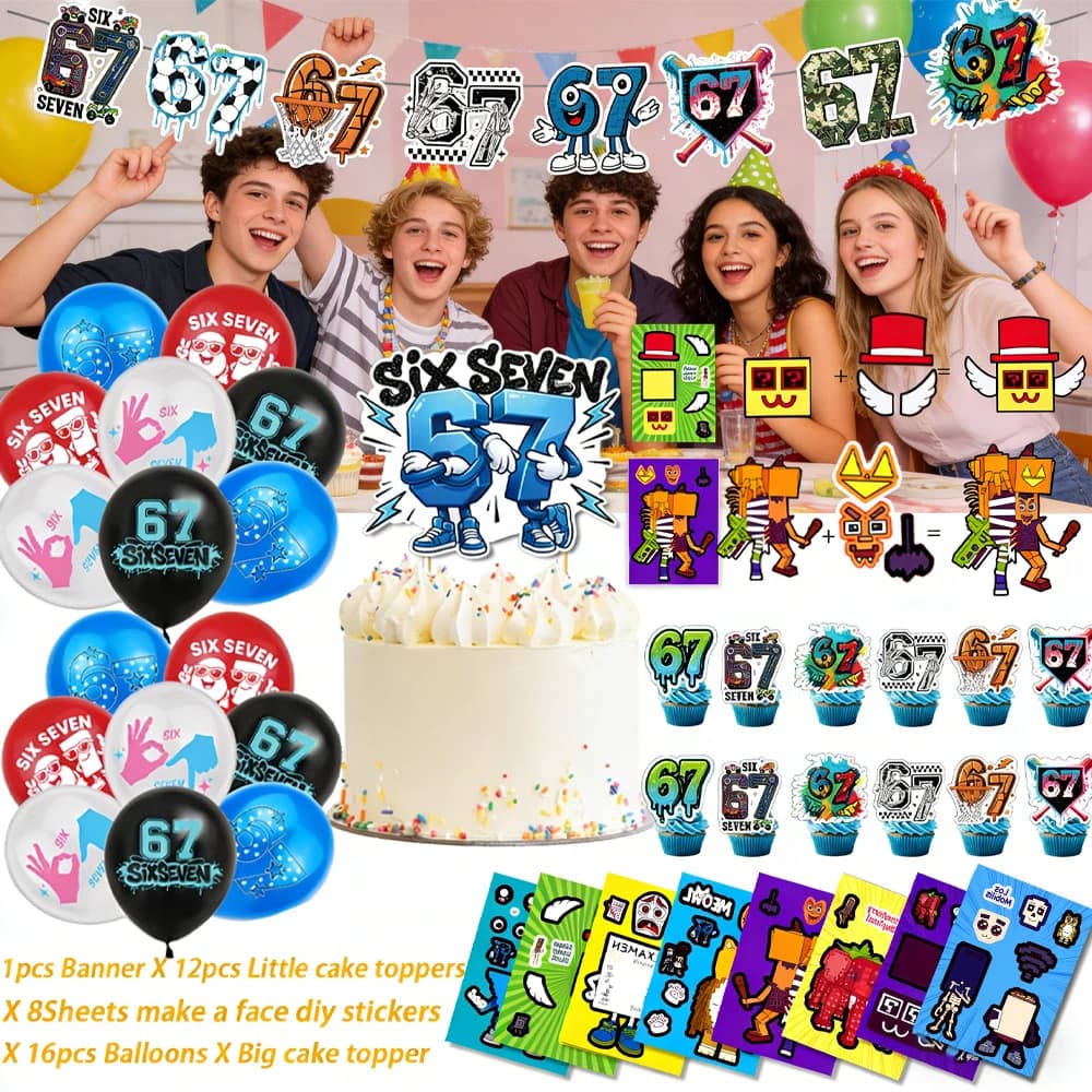 Funny Brainrot 67 Meme Birthday Decor Set Italian Brainrot Theme with Banner Cake Topper Balloon 8 DIY Sticker for Cartoon Party
