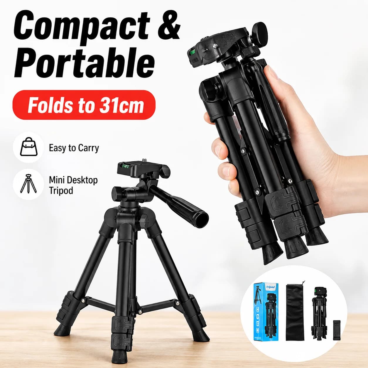 Treppiede Portatile per Fotocamera Smartphone con Attacco a Vite 1/4, Supporto da Tavolo per Vlog, Live Stream, DSLR, Mini Treppiede Stabile