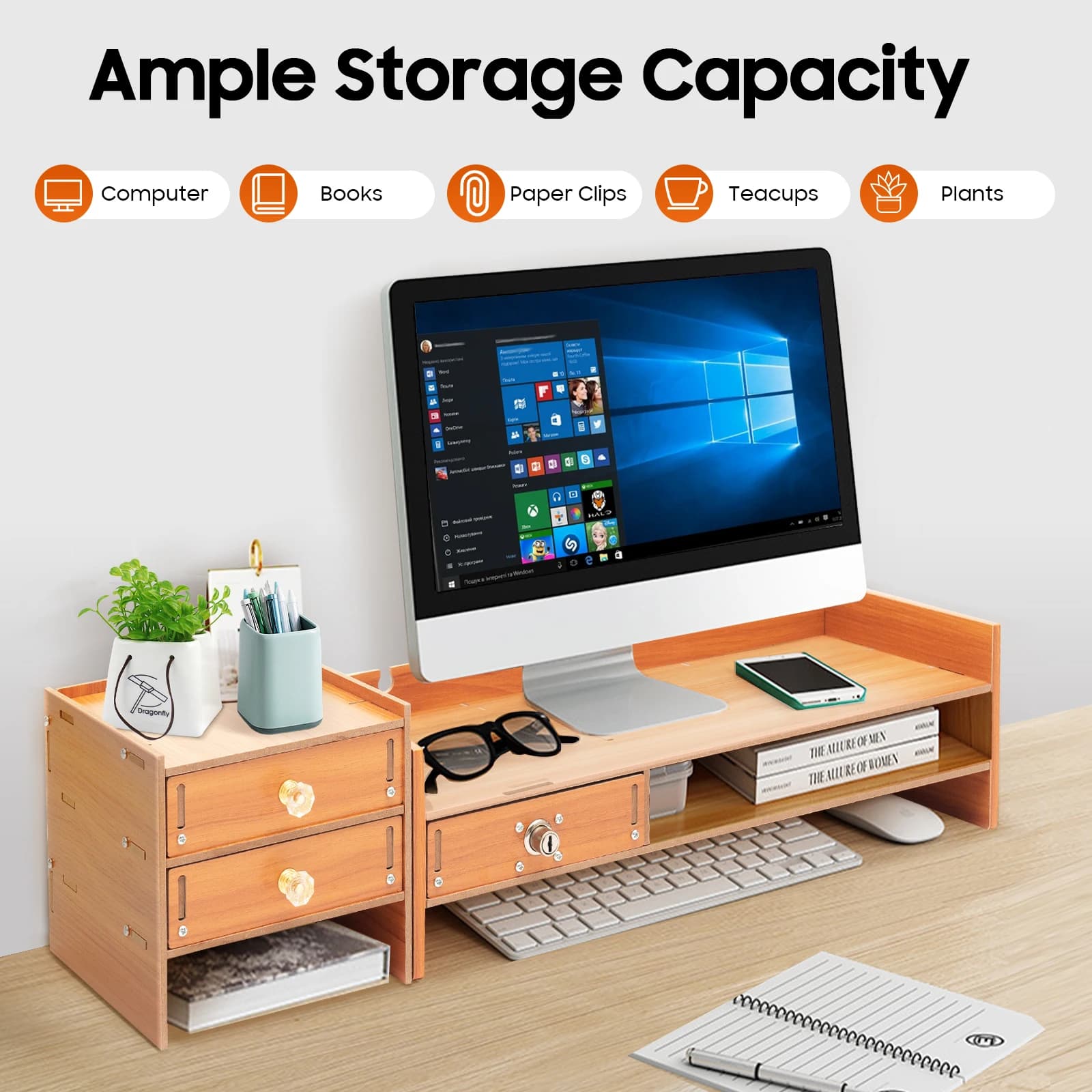 Computer monitor support with drawers, keys and telephone support, 5 kg computer rack load, monitor support 48*20*3.5 cm