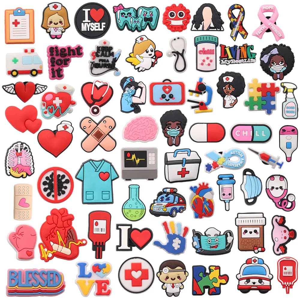 Mix 100 pz/set Dottore Infermiera Cuore Denti Scarpe Decorazioni Medicina Sandali Fibbia per Scarpe per Bambini Polsino Fascino