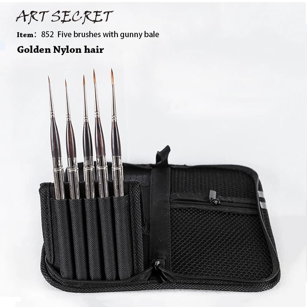 ArtSecret 5PC/Set Detail Paint Brushes with Carry Bag 852Series Golden Synthetic Hair Acrylic Oil Liner Painting bursh