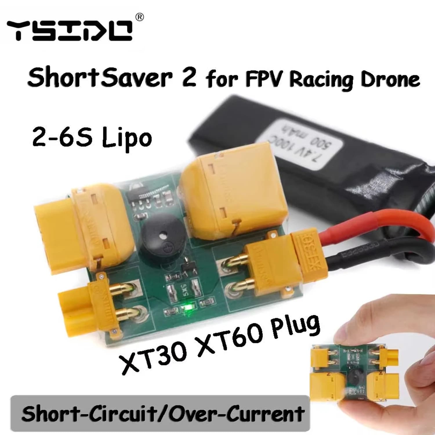 YSIDO ShortSaver 2 Smoke Stopper fusibile elettronico 2-6S Lipo XT30 XT60 per prevenire cortocircuito/sovracorrente per FPV Racing Drone
