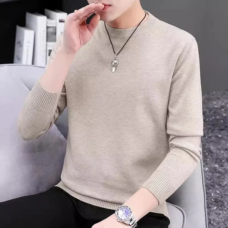 Men's round Neck Knitted Long Sleeve Slim Fit Thin Sweater Hoodie Pure Color Versatile Winter Fashion Casual Wear