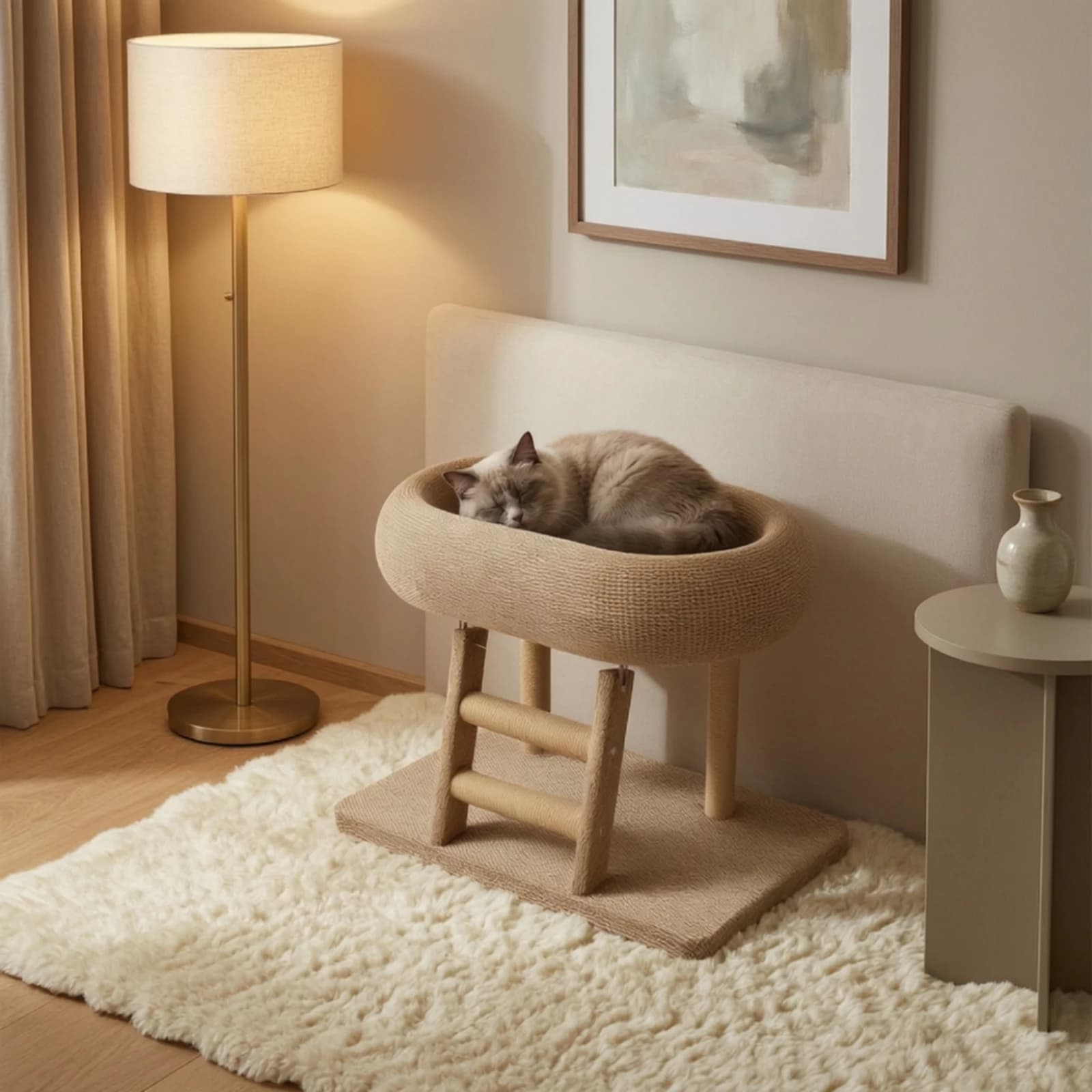 Oval Cat Scratcher Bed Elevated Cat Bed with Scratcher Pet Furniture Floor-Standing Compact for Cats, Indoor, Living Rooms
