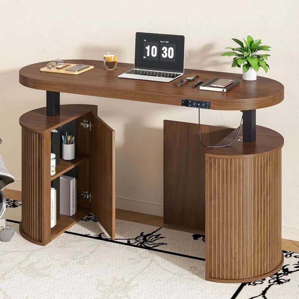 Adjustable Height Walnut Desk, 55x22 Small Stand-Up Desk with Storage for Home Office or Laptop Use