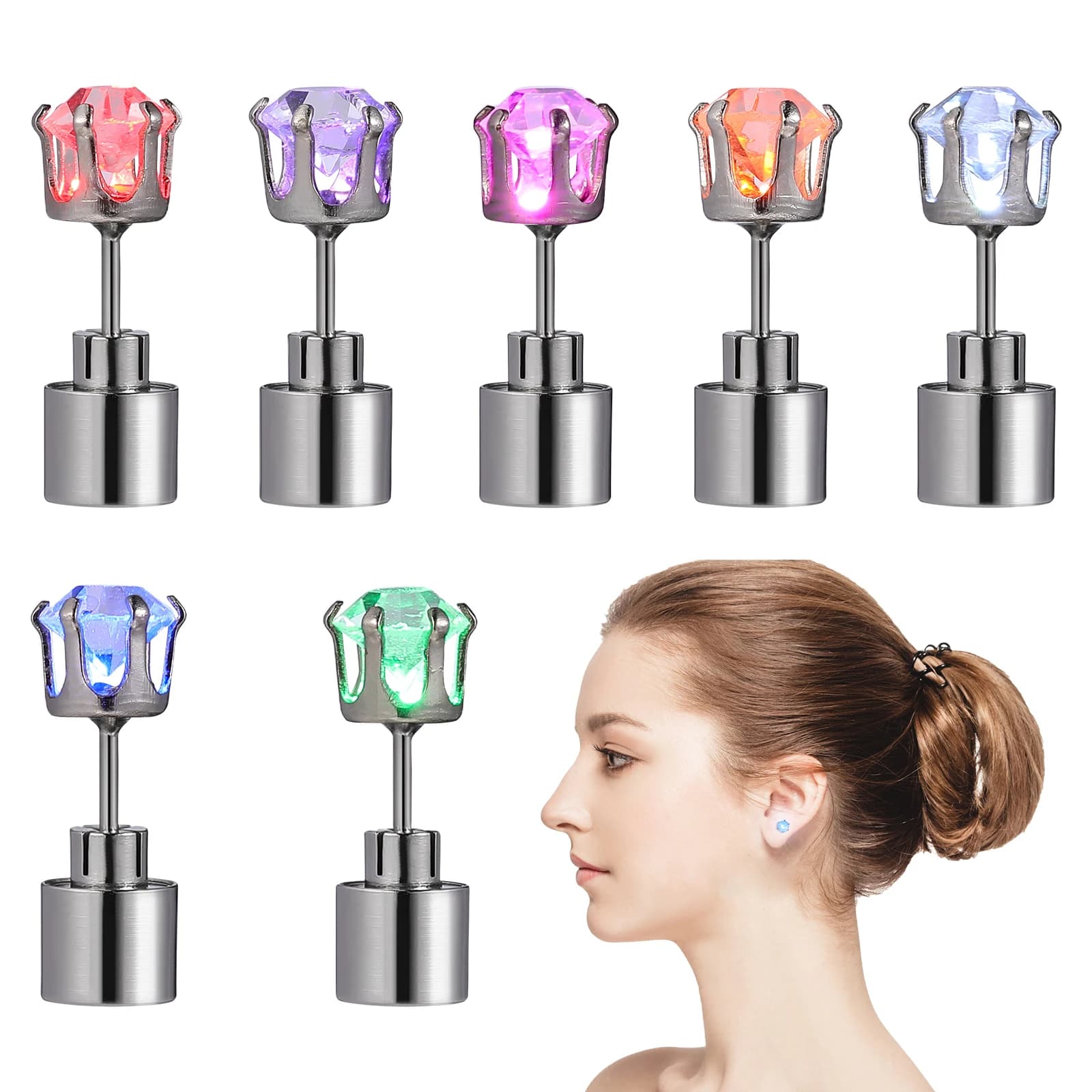 7 pezzi di orecchini a bottone a LED illuminano orecchini in acciaio inossidabile lampeggianti luminosi per feste da ballo serate concerti all'aperto unisex