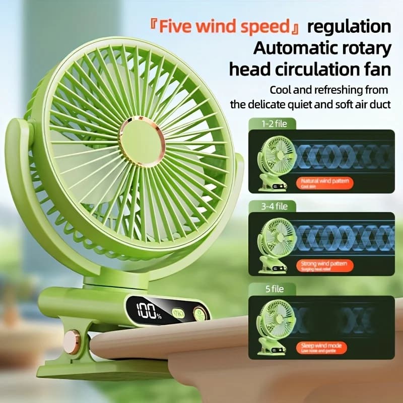 Ventilatore da tavolo con clip, oscillazione automatica, ricarica USB, display digitale, luce notturna silenziosa, portatile per casa e campeggio