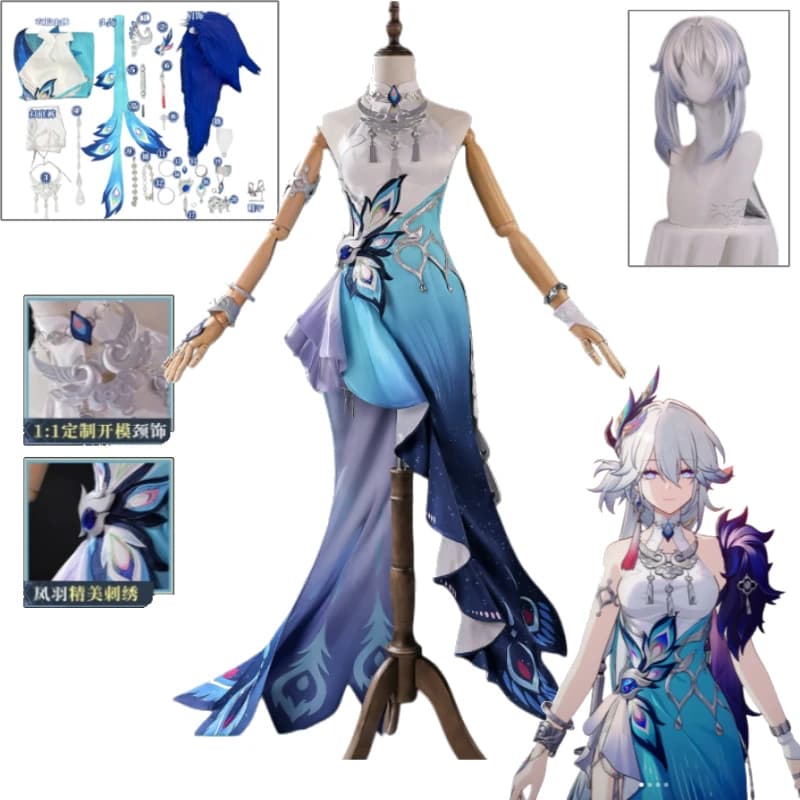 Costume Cosplay Honkai Star Rail Yaoguang, Abito Immortale Xianzhou con Maniche Stratificate e Collana con Finiture Dorate per Donne, Halloween