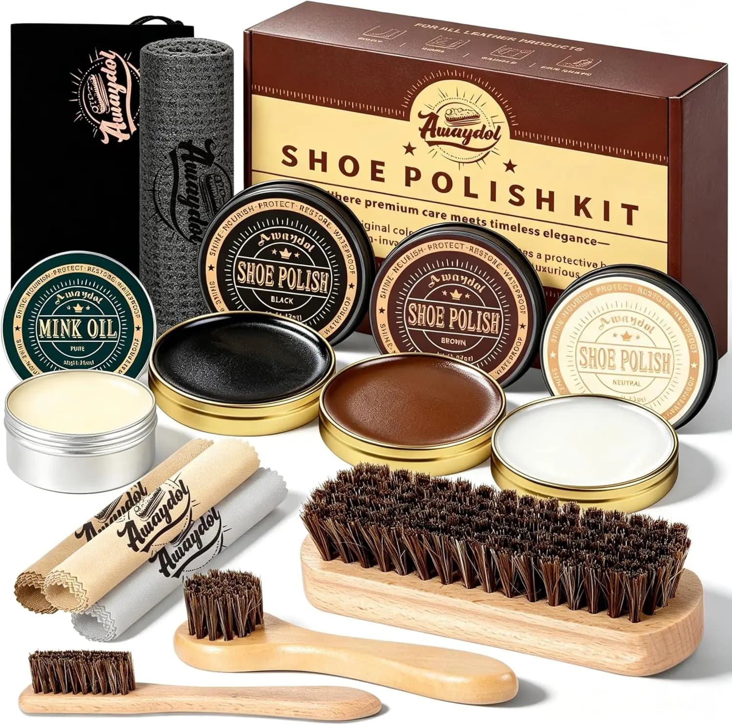 12 Pcs Shoe Polish Kit with Horsehair Brushes, Mink Oil Conditioner for Leather Boots, Gift for Men