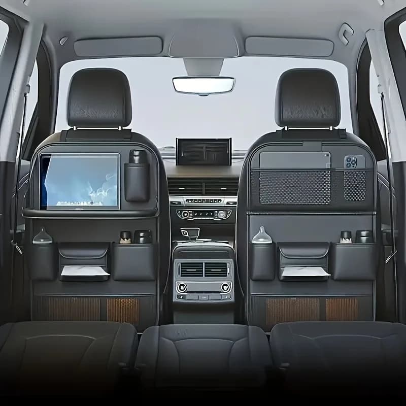 Car Seat Back Organizer Spacious PU leather bag with multiple pockets Folding table for black car.