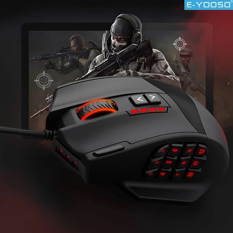 Mouse da Gaming Cablato EYOOSO X-39, 12 Pulsanti Laterali, LED RGB Ergonomico, Auto Sleep, Tasti di Scelta Rapida Laterali, Plug & Play per Mani Grandi