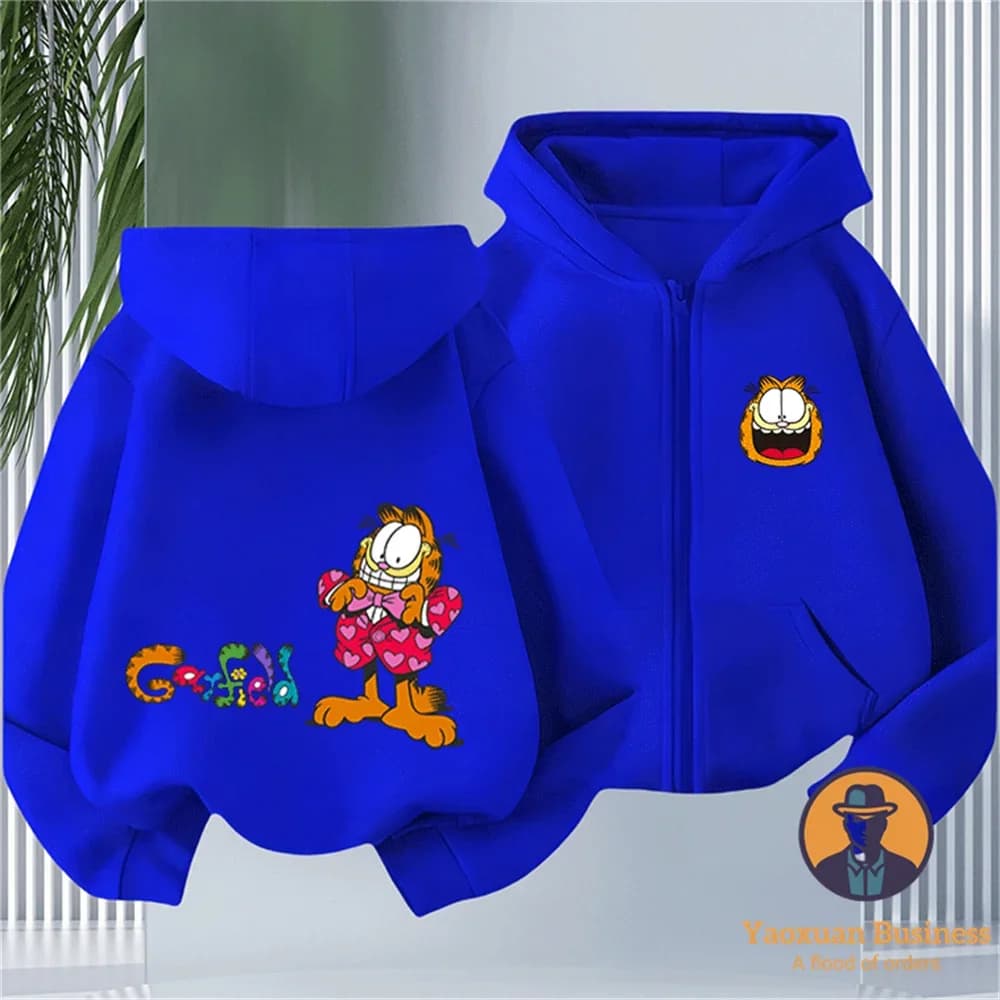 Felpa con cappuccio con cerniera in puro cotone The Garfield Show con motivo a cartoni animati, set da due pezzi, completo casual autunno inverno per ragazzi e ragazze