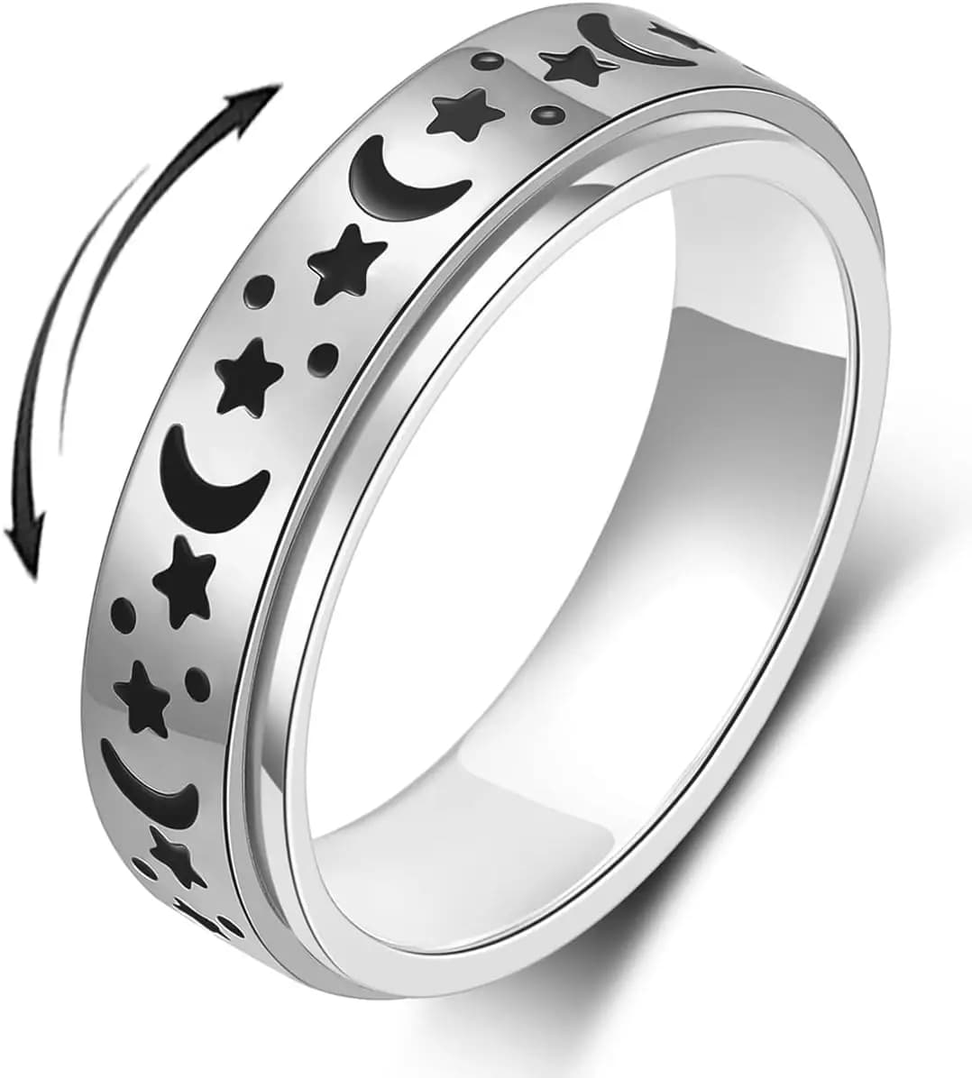 Anxiety Ring for Women Men, Titanium Steel Spinner Ring, 5 Colors, 6MM, Size 6-10, Moon Star Design, Sandblasted Finish