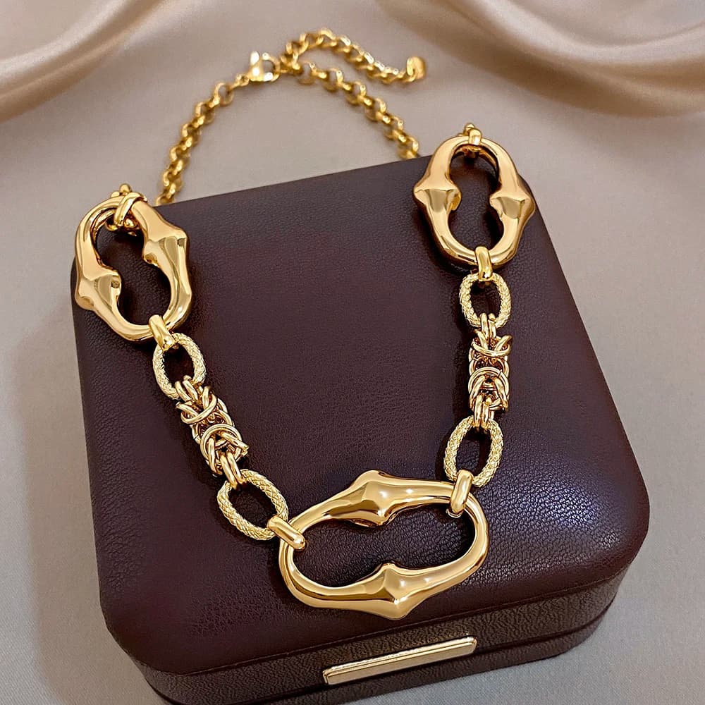 Vintage Gold Plated Stainless Steel Necklace Exaggerated Geometric Clasp Chunky Chain Splicing Necklaces Collares Jewelry