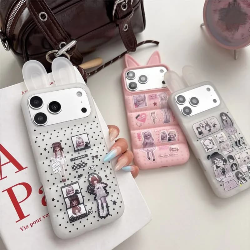 Custodia Morbida Protettiva per iPhone 15 16 17 Pro Max 17 Pro Stile Giacca Anime con Orecchie da Coniglio Y2K Giapponese