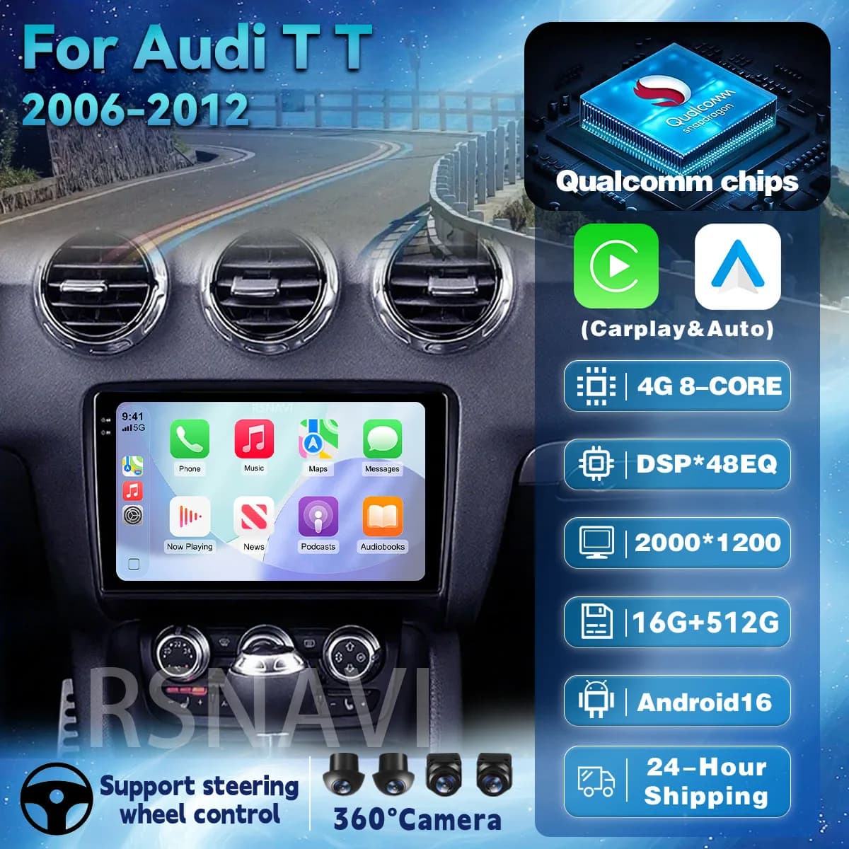 Autoradio Android 16 con Carplay per Audi TT MK2 8J 2006-2014, Schermo 2K, Lettore Multimediale, GPS, Stereo 2din